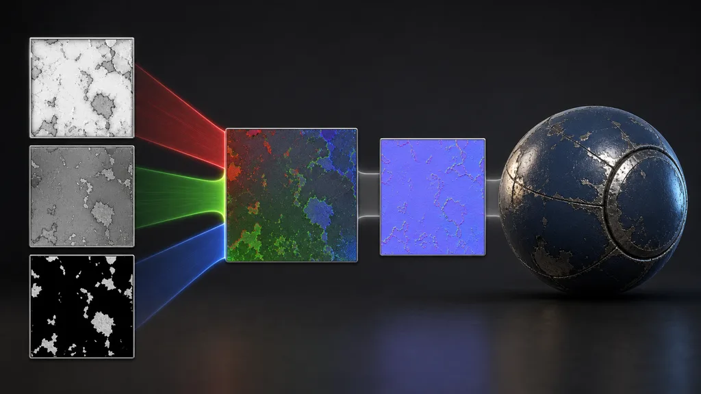 Three grayscale masks flowing through red, green and blue channels into one packed texture beside a DirectX normal map and painted metal sphere