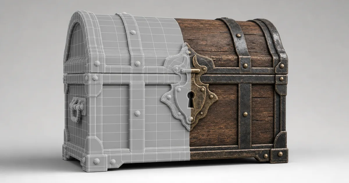 A 3D model shown half as a bare grey wireframe mesh and half as the same model fully textured with detailed surface colour and material, side by side