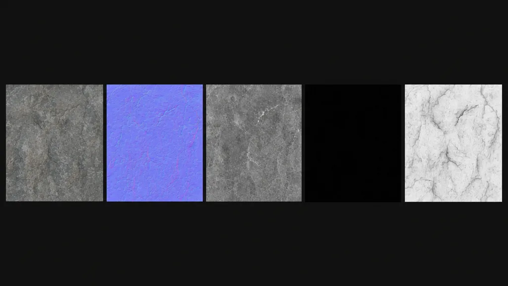 A set of PBR texture maps for a stone surface laid out in a grid — base colour, purple-blue normal, greyscale roughness, metalness, and ambient occlusion