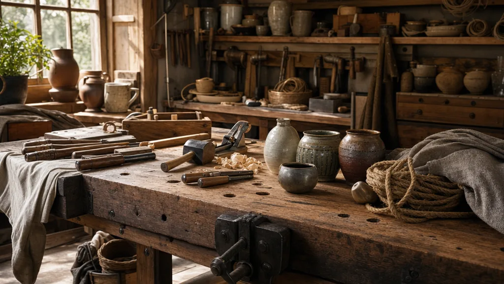 A richly textured 3D scene of a cozy workshop with wooden workbench, metal tools, ceramic pots, and fabric, every surface carrying detailed PBR materials