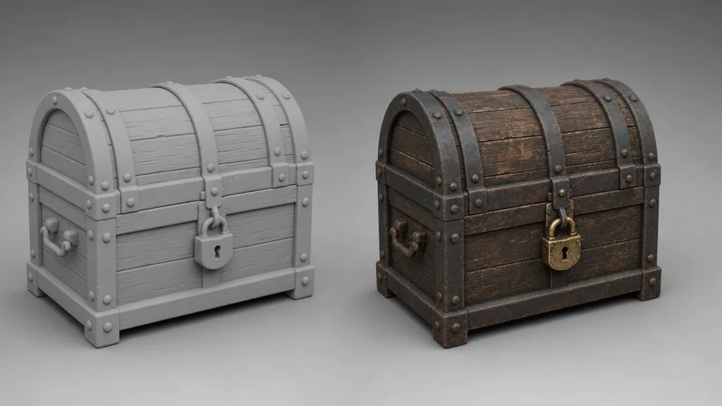 Side-by-side of a 3D treasure chest — left as a plain untextured grey model, right fully textured with worn wood, iron banding, and a brass lock
