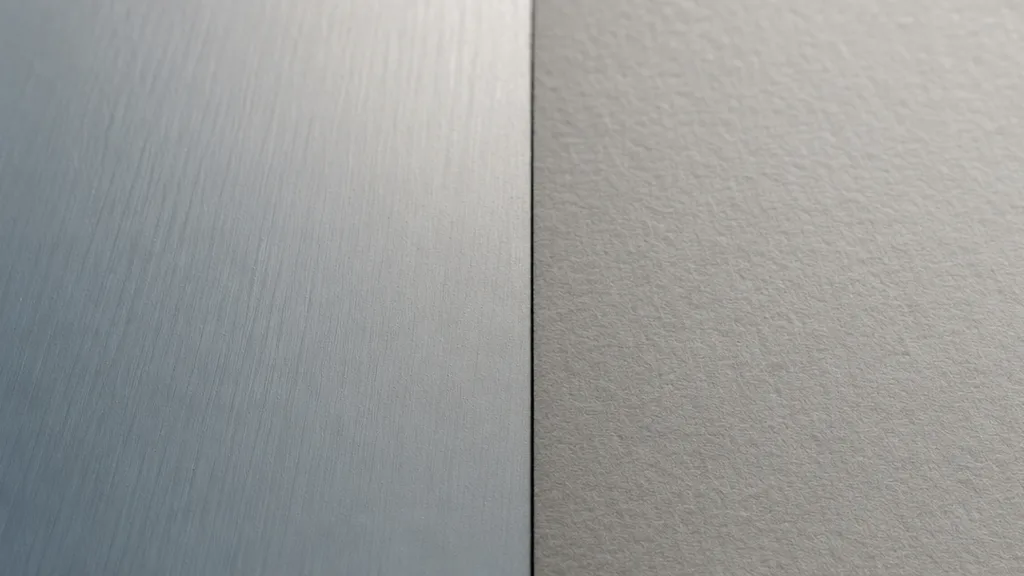 Close-up of matte painted metal and paper surfaces showing subtle fine bump detail like brush texture and grain under soft light