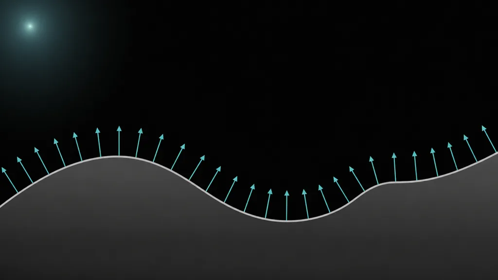 Diagram showing a grayscale height profile and arrows for surface normals tilting to follow the slope of the grayscale gradient