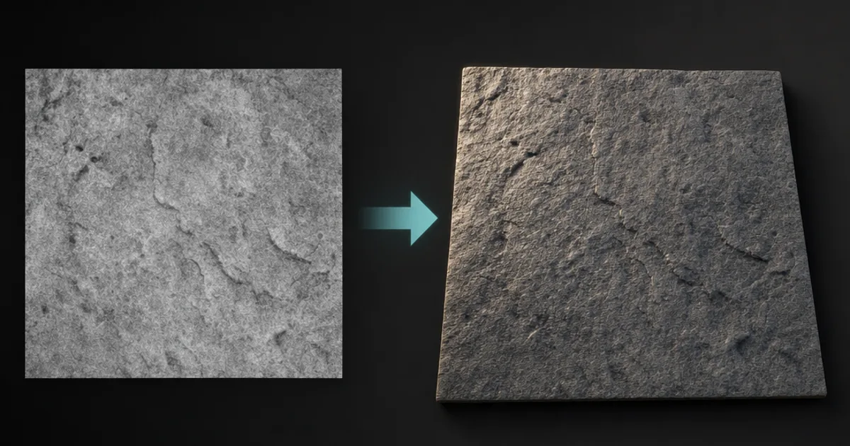 A flat grayscale bump map on the left and, on the right, a stone surface rendered with that bump map showing lit bumps and dents on flat geometry