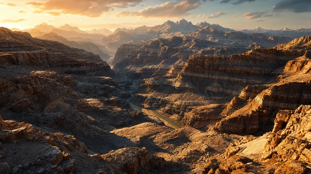 A dramatic 3D landscape render of rocky displaced terrain with deep canyons and raised ridges under golden light, showing real geometric depth