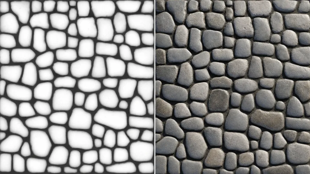 A greyscale displacement height map of cobblestones on the left and the resulting displaced 3D cobblestone surface with real raised stones on the right