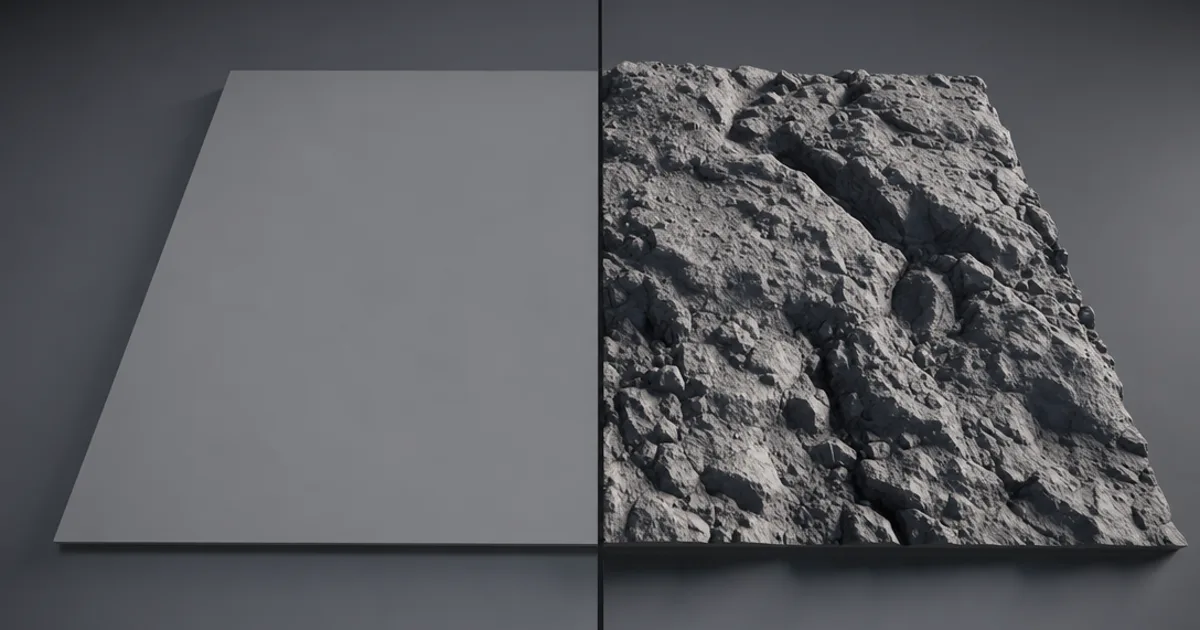Split-screen 3D render — a flat grey plane on the left and the same plane displaced into real rocky terrain with raised stones and deep crevices on the right