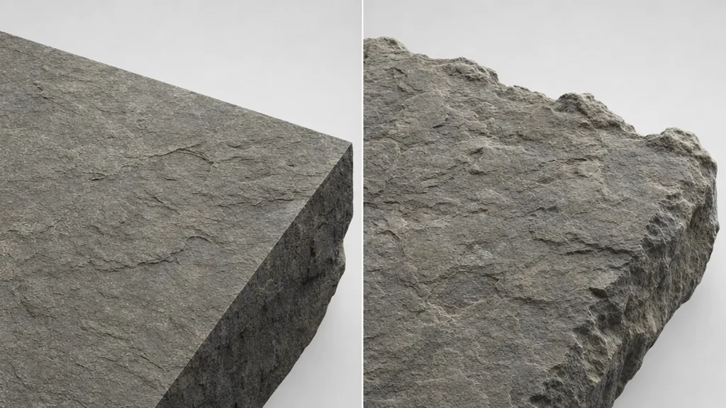 Side-by-side rocky surface comparison — left with a normal map showing a flat edge silhouette, right with displacement showing a bumpy raised silhouette edge