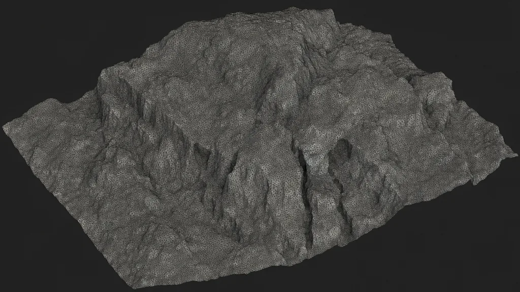 A displaced rocky 3D surface shown with its dense tessellated wireframe overlay, revealing the many subdivided polygons that make displacement possible