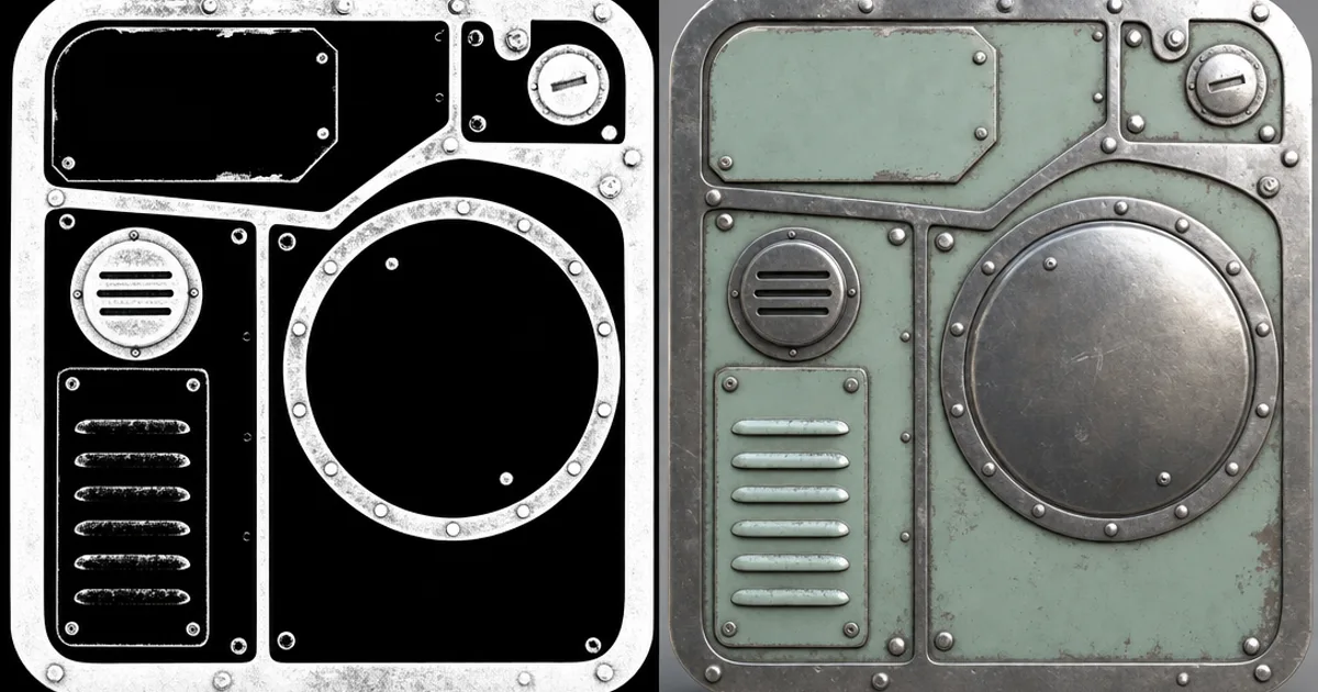 Split image of a worn metal and painted panel — left shows the black-and-white metalness map marking metal areas white and painted areas black, right shows the final rendered result with reflective metal and matte paint
