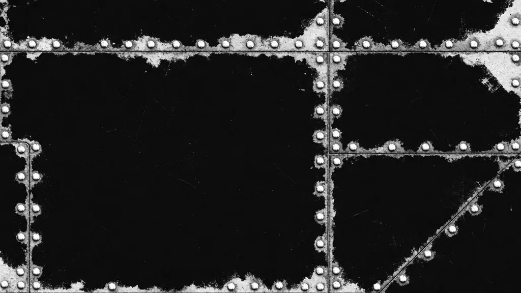 A near black-and-white metalness map of a riveted iron plate with painted sections — metal rivets and bare areas in white, painted panel areas in black