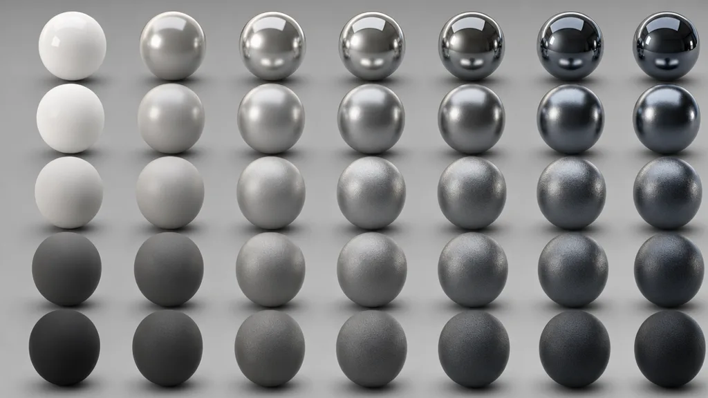 A grid of rendered spheres varying metalness from non-metal to full metal across one axis and roughness from glossy to matte across the other