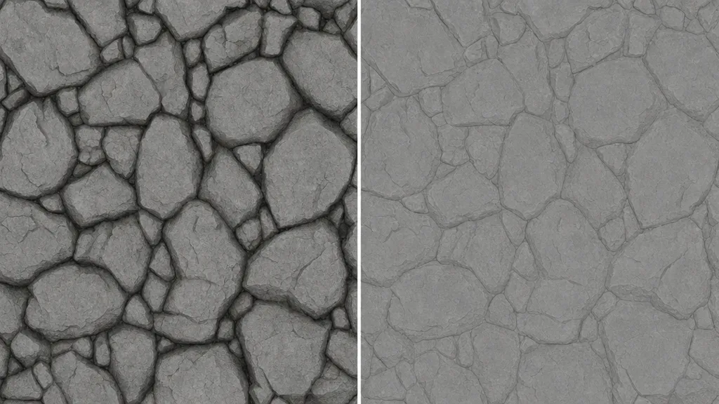 Two stone albedo maps side by side — left wrong, with dark baked ambient occlusion in the crevices, right correct, flat and even with no baked shadow