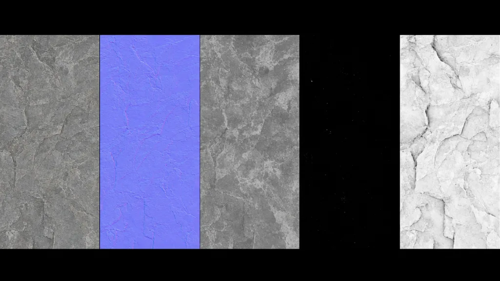 A horizontal strip of PBR texture map tiles for a stone surface with the flat albedo base colour map prominently first, followed by normal, roughness, metalness, and ambient occlusion