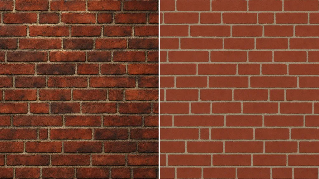 Side-by-side comparison of a brick texture — left a diffuse map with baked-in shadows and highlights, right a flat albedo map with all lighting removed