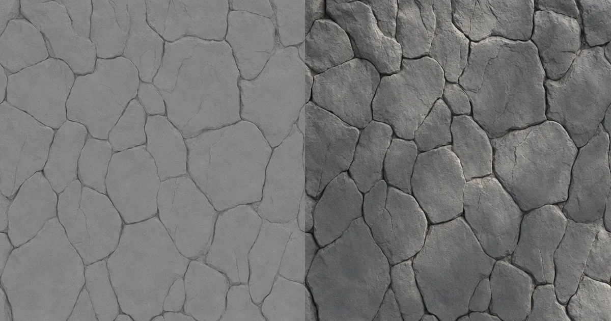 Split image — left shows a flat lighting-free albedo map of a stone surface, right shows the same surface fully lit and rendered with normal, roughness, and AO maps applied