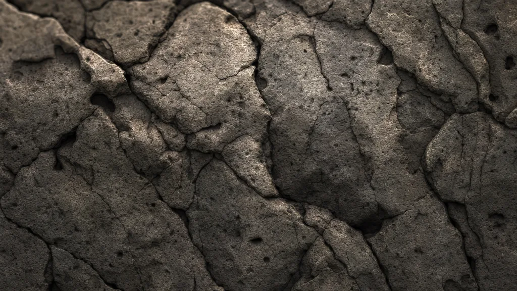 Close-up of a weathered stone surface showing soft dark ambient occlusion shadows nestled in every crack and pit, giving strong three-dimensional depth
