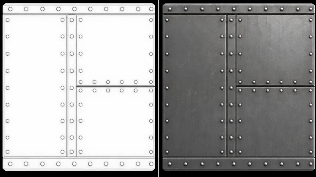 A greyscale ambient occlusion map of a riveted metal panel on the left with dark recesses, and the final shaded panel using that AO on the right