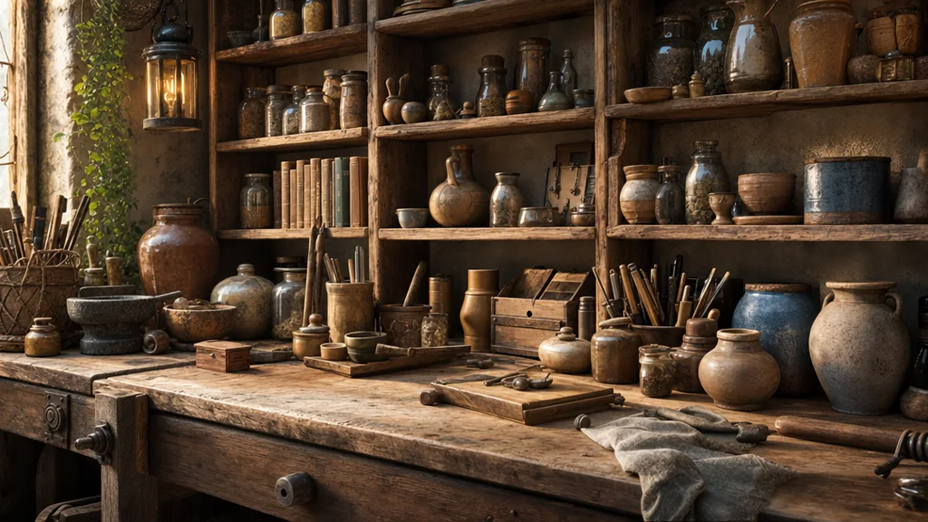 A detailed 3D render of a cluttered workshop shelf where ambient occlusion grounds every object with soft contact shadows in the gaps and corners