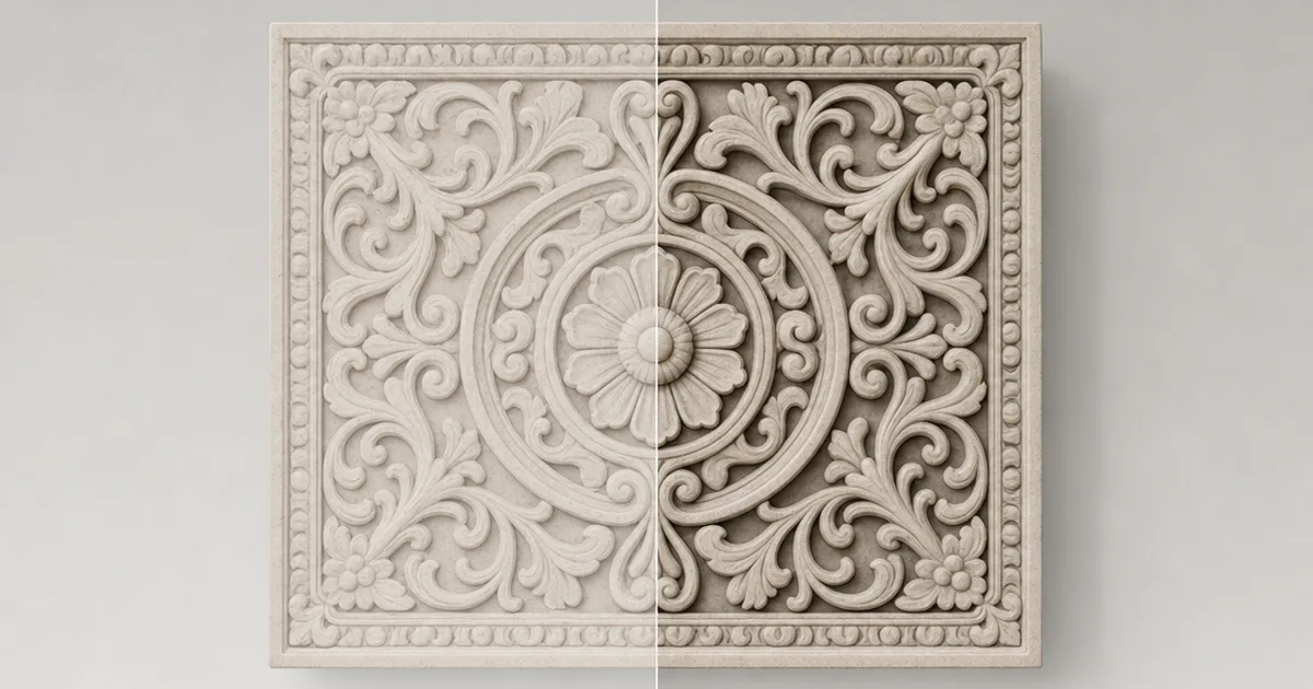 Split-screen 3D render of a stone relief — left without ambient occlusion looking flat and floating, right with ambient occlusion showing soft contact shadows in every crevice