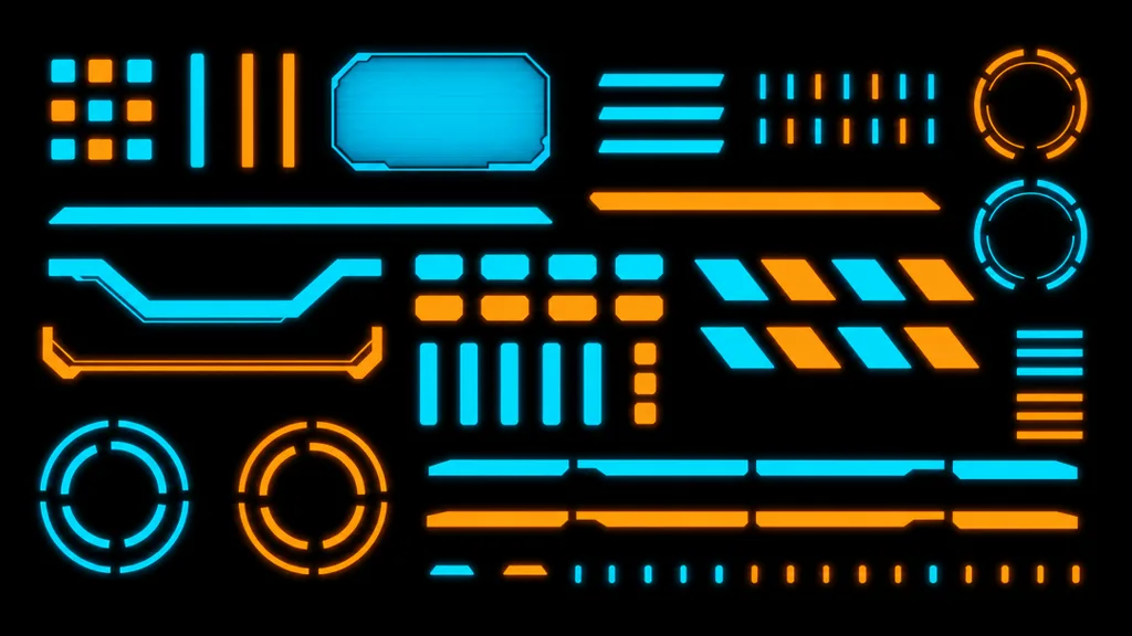 An emissive map for a control panel — mostly black with bright glowing cyan and orange shapes where the buttons and screens emit light