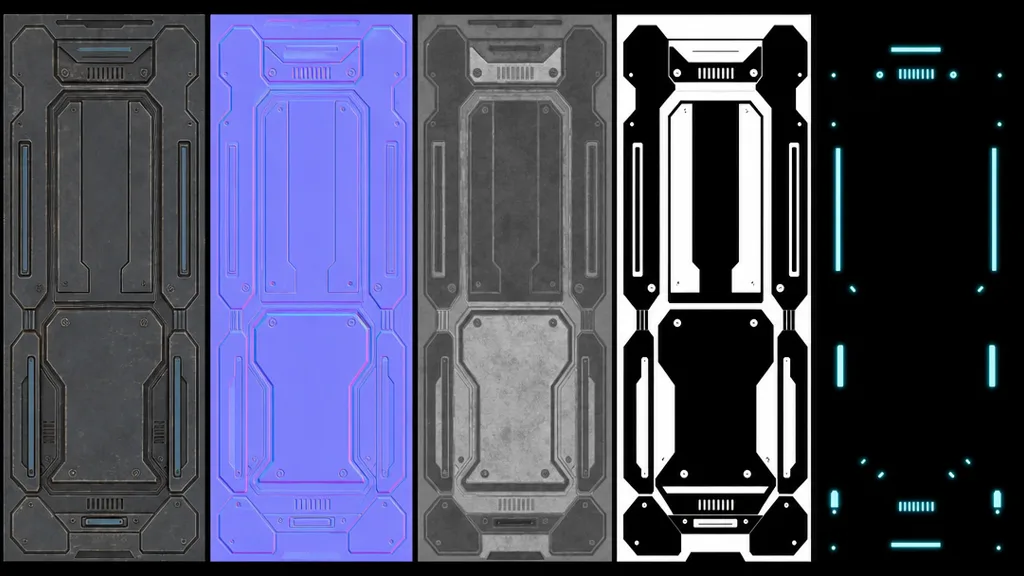 A horizontal strip of PBR texture map tiles for a sci-fi panel — base colour, normal, roughness, metalness, and an emissive map glowing cyan on black