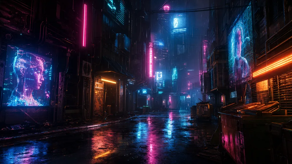 A dark cyberpunk alley at night lit by glowing neon signs, holographic screens, and LED strips, all driven by emissive maps with bloom