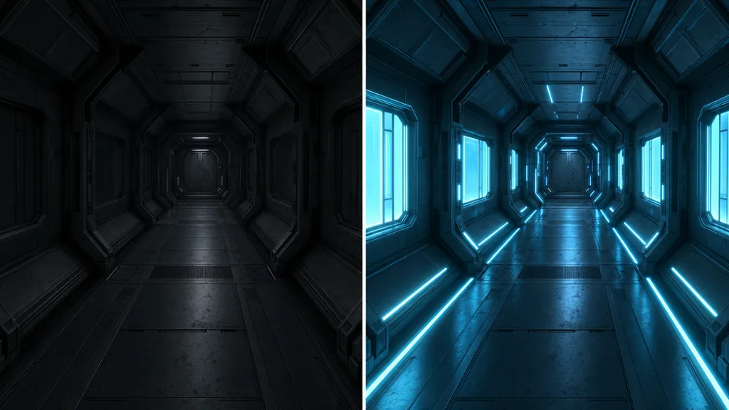 Side-by-side of a sci-fi corridor — left with no emissive, dark and dead; right with emissive panels and strips glowing brightly