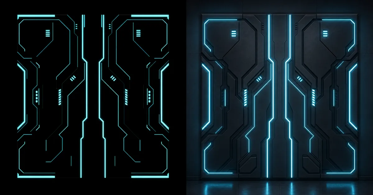 Split image of a sci-fi panel — left the black emissive map with bright glowing line patterns, right the final rendered panel with those lines glowing cyan in a dark room