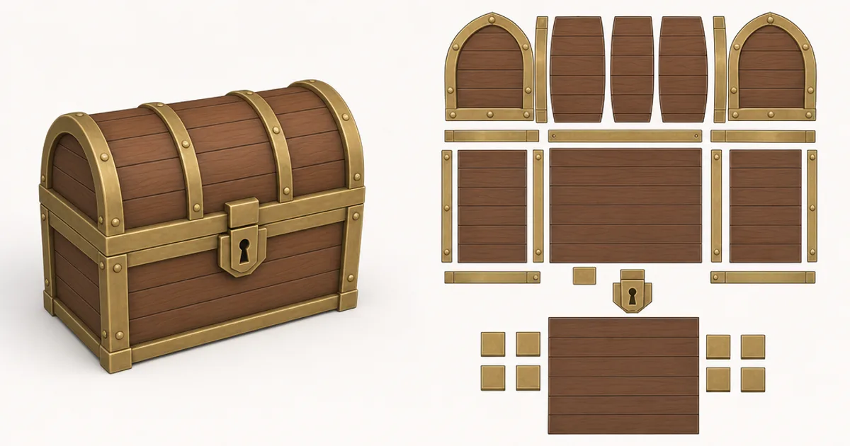 A 3D model of a stylised character next to its unwrapped flat 2D UV layout showing the surface peeled out into islands