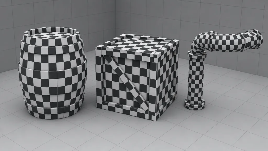 A 3D scene of several props — a barrel, a crate, and a pipe — all covered in an even black-and-white checkerboard test texture showing consistent texel density