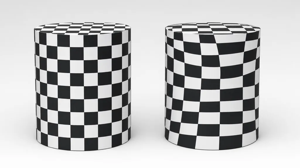 Two 3D models with a checkerboard texture — left with even undistorted squares from good UVs, right with stretched warped squares from bad UVs