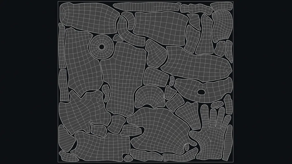A square UV layout space neatly filled with packed flat UV islands of various shapes, fitted together like a jigsaw with little wasted space