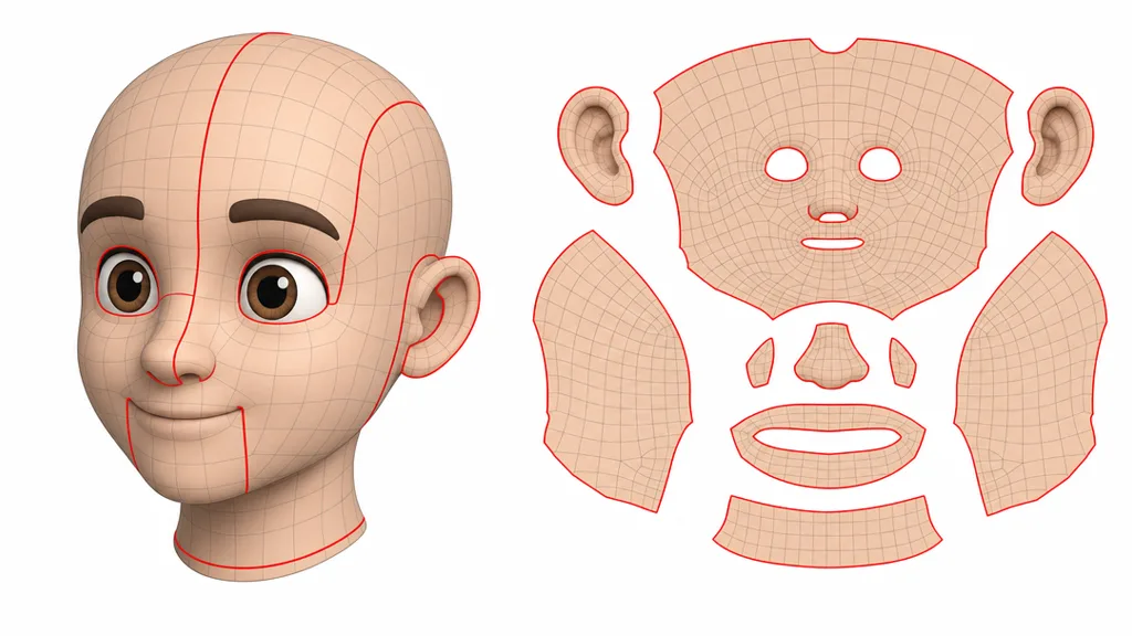 A 3D model with its cut seam edges highlighted in red, beside the resulting flat UV islands that those seams create